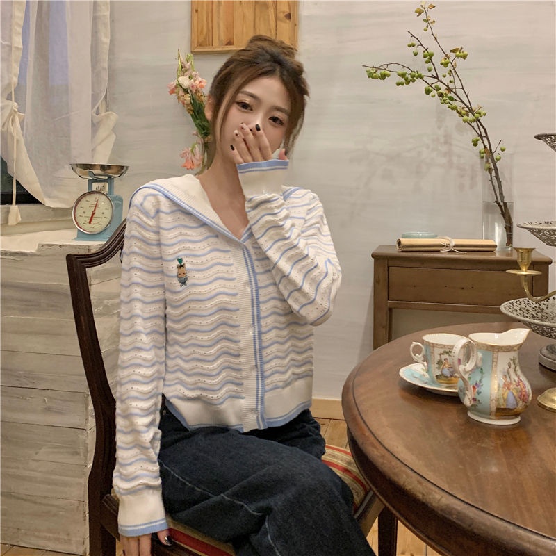 Áo cardigan ZHELIHANGFEI dệt kim tay dài cổ thủy thủ kẻ sọc dáng rộng dễ phối đồ