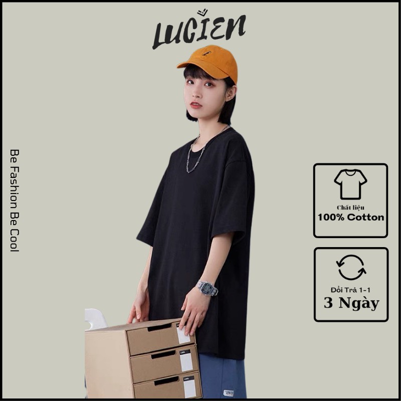 Áo thun trơn form rộng cho nam nữ chất liệu cotton, Áo phông basic tay lỡ phong cách Ulzzang Lucien Official