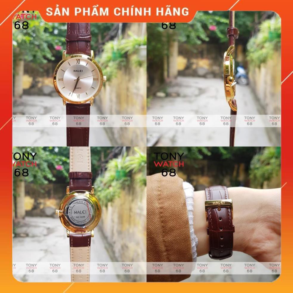 Hot!!! Đồng Hồ Nam Dây Da Nâu Mặt Trắng Viền Vàng Halei Chính Hãng Tony Watch 68 giá re