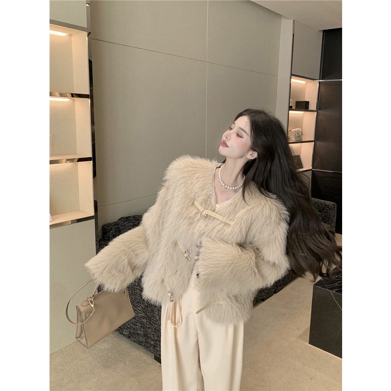 Áo khoác lông giả dáng rộng dài tay thời trang mùa đông dành cho nữ