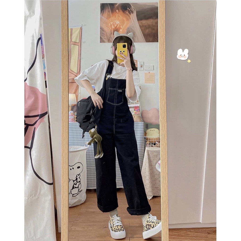Quần yếm chỉ nổi unisex, Quần yếm 2 dây vải kaki thô Daski