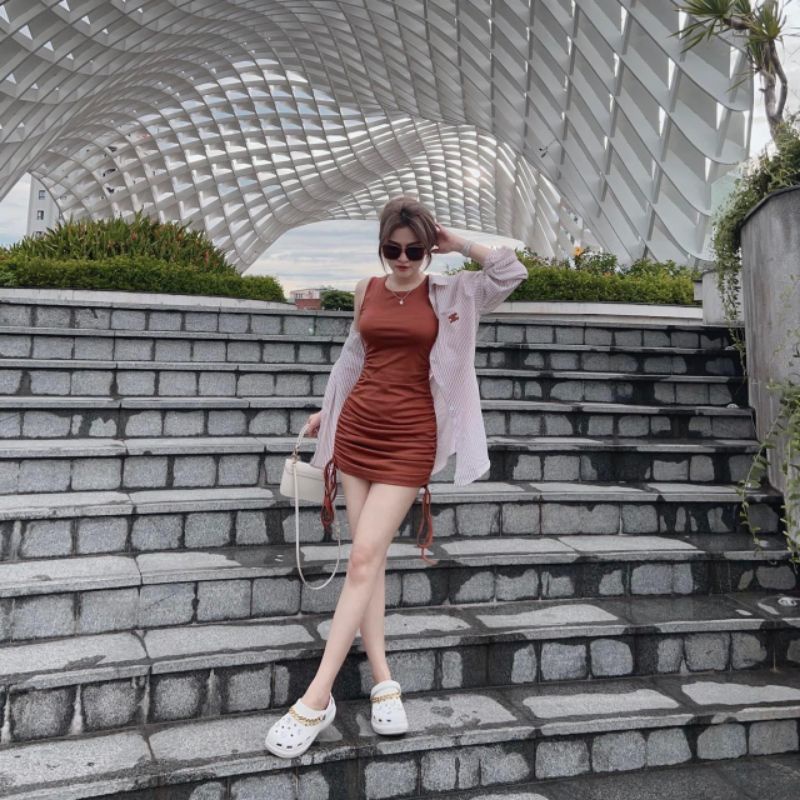 Set Đồ Nữ Ms.1586 Đầm Body Rút Hông Tay Sát Nách Chất Zip Phối Áo Khoác Sơ Mi Cắt Lưng Chất Thô Lụa