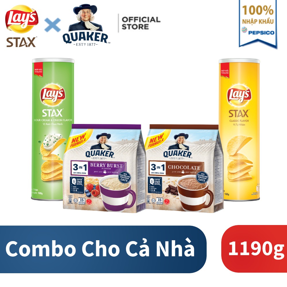 Combo:Yến mạch Quaker 3in1 Vị:Chocolate 420G,Berry 450G&amp;Lay's Stax Khoai Tây Miếng vị:Tự Nhiên,Kem Chua Hành 160g/hộp