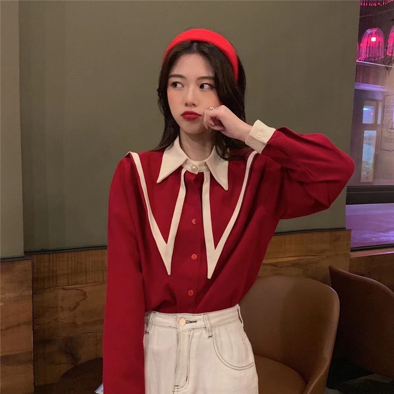 Áo Sơ Mi Cúc Ngọc Cổ Vạt Nhọn Ullzang Hàn Quốc