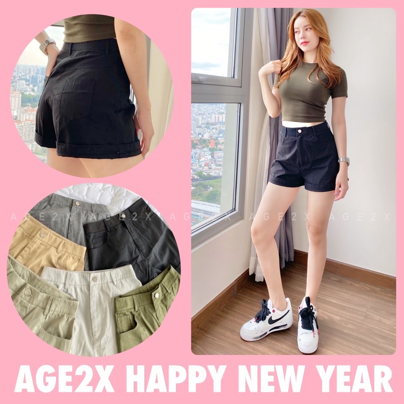 Quần short nữ ống rộng lưng cao chính hãng AGE2X, sau có thun co giãn, chất kaki cotton siêu mềm mát, siêu hack dáng