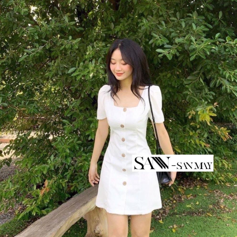 Đầm cổ vuông 6 nút gỗ, Đầm dự tiệc thiết kế cổ vuông Phong cách Hàn quốc, hàng đẹp cao cấp giá rẻ SANMAY-VD009  ྇