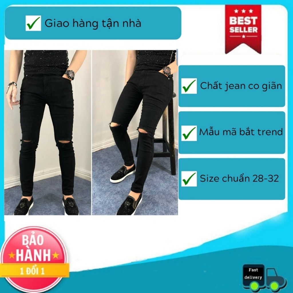 Quần Jean Nam Chất Bò AD50TG Jean Nam Đen Rách Gối Cao Cấp Phong Cách Trẻ Trung Thời Trang TG (44 - 70KG)