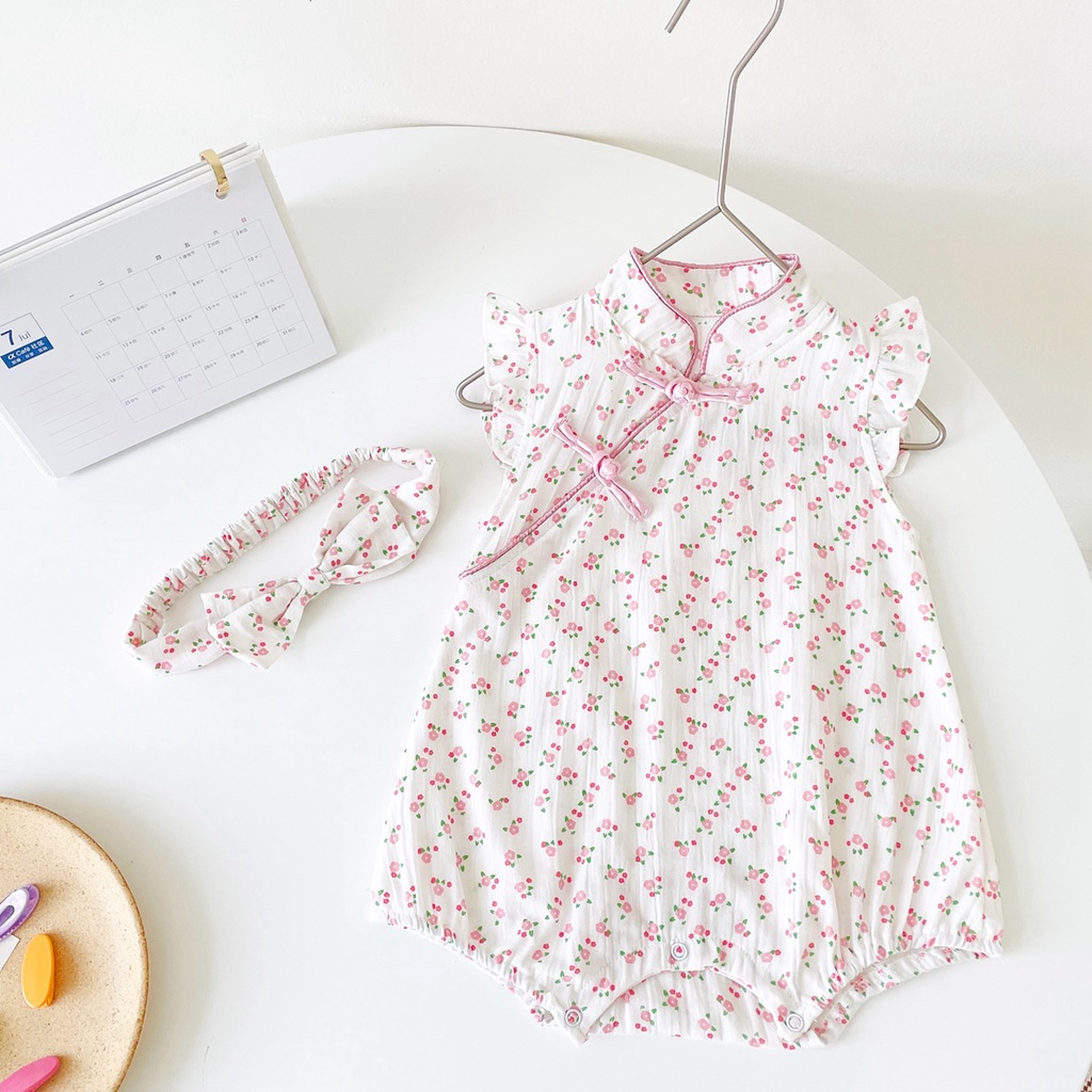 Sanlutoz Tết Bộ Áo Liền Quần Vải Cotton In Hoa Dễ Thương Kèm Băng Đô Thời Trang Mùa Hè Cho Bé Gái Sơ Sinh