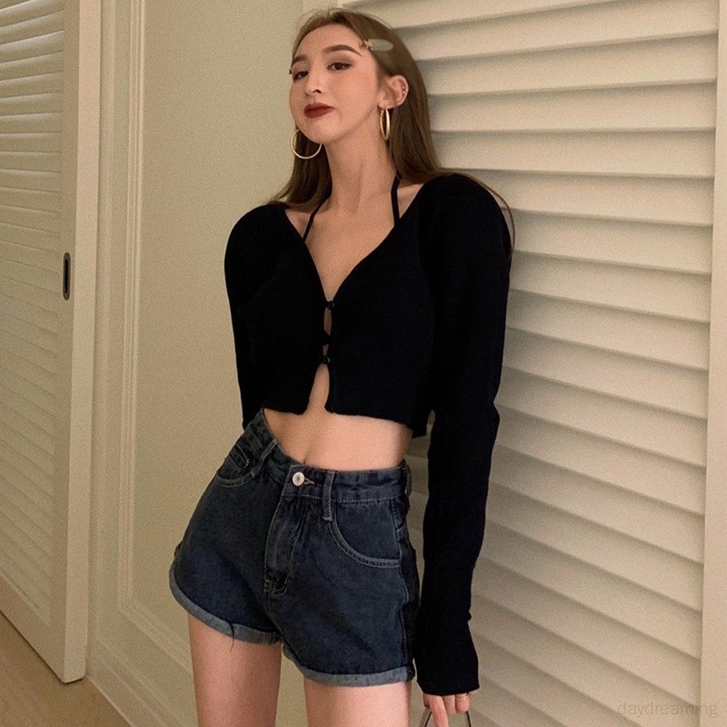 Áo Croptop Tay Dài Màu Trơn Cổ Chữ V Thời Trang Cho Nữ