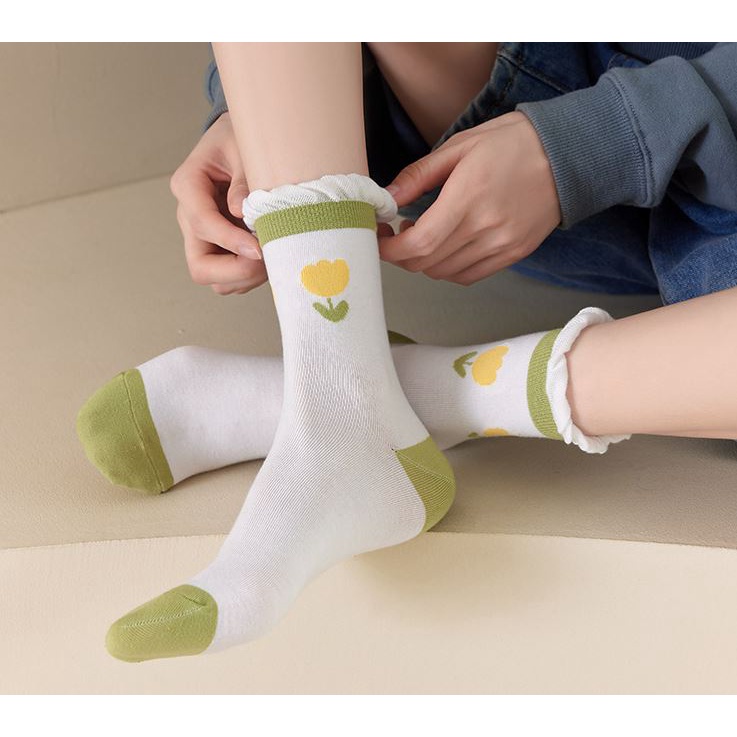 Set 5 Đôi Tất Vớ Nữ Cao Cổ Mix Hoa H2