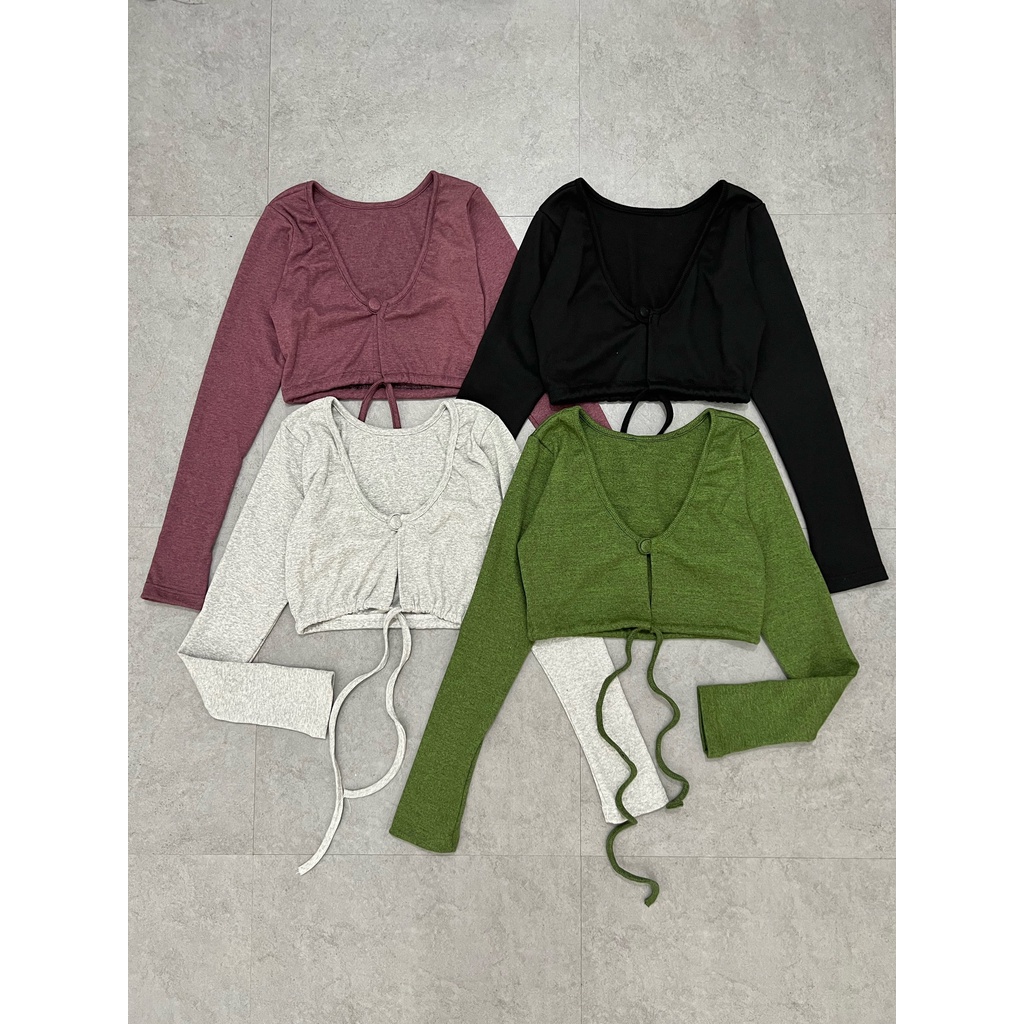 Áo croptop nữ tay dài HHVINTAGE kiểu cổ tim thắt eo thun gân co giãn A05