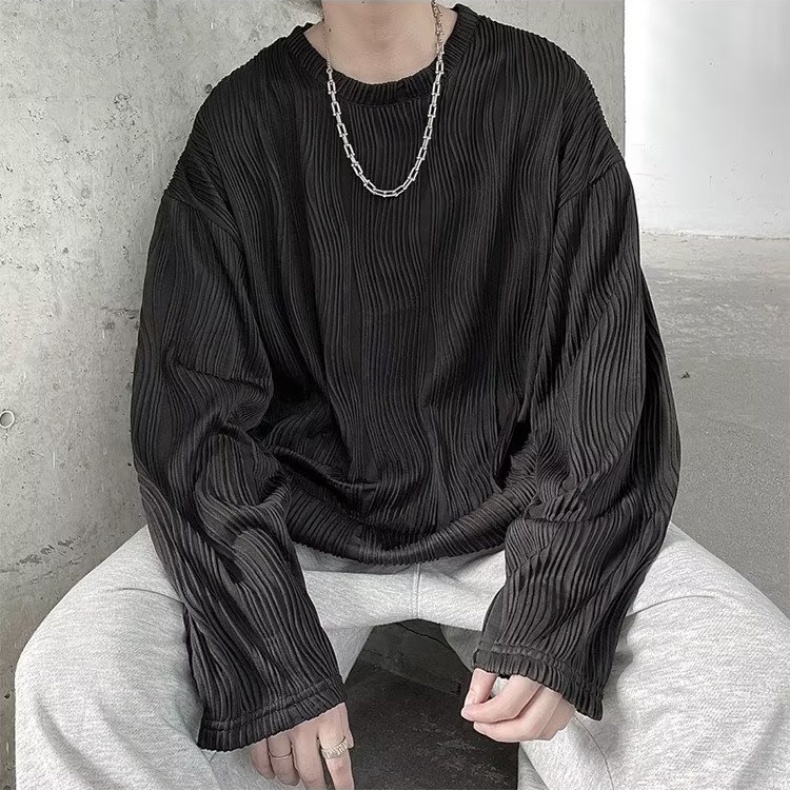 Áo Thun Tay Dài Cổ Tròn Bigsize Đơn Giản Thời Trang unisex Phong Cách Hàn Quốc nếp gấp kết cấu Cổ tròn Áo sơ mi dài tay tròn