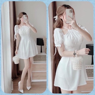 Đầm Trắng Khoét Vai , Đầm Xoè Cổ Yếm Tay Nơ, Đầm Trắng Đi Tiệc