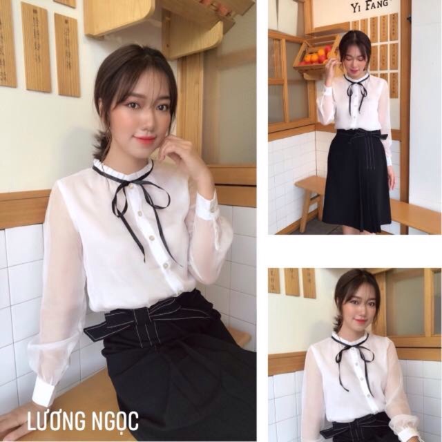 Chân váy chữ A công sở xếp ly một bên thắt nơ dài đến gối