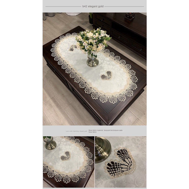 Khăn Trải Bàn Cà Phê Hình Oval Phối Ren Phong Cách Châu Âu