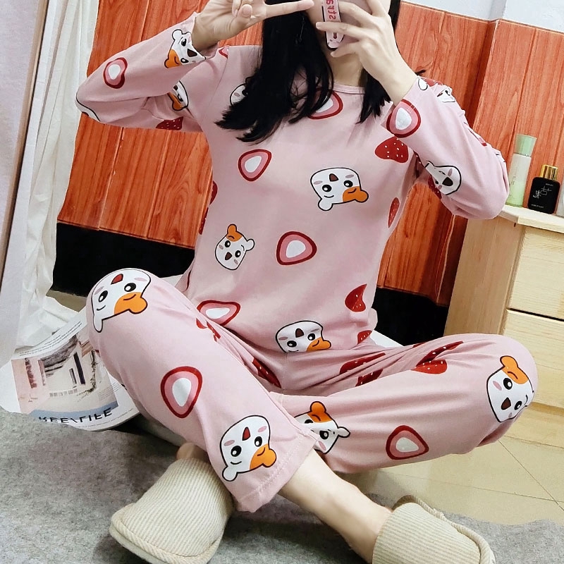 xiaohan korea Spring and Autumn loose nightwear round neck long sleeve sleepwear set cute print women Large size baju tidur | BigBuy360 - bigbuy360.vn