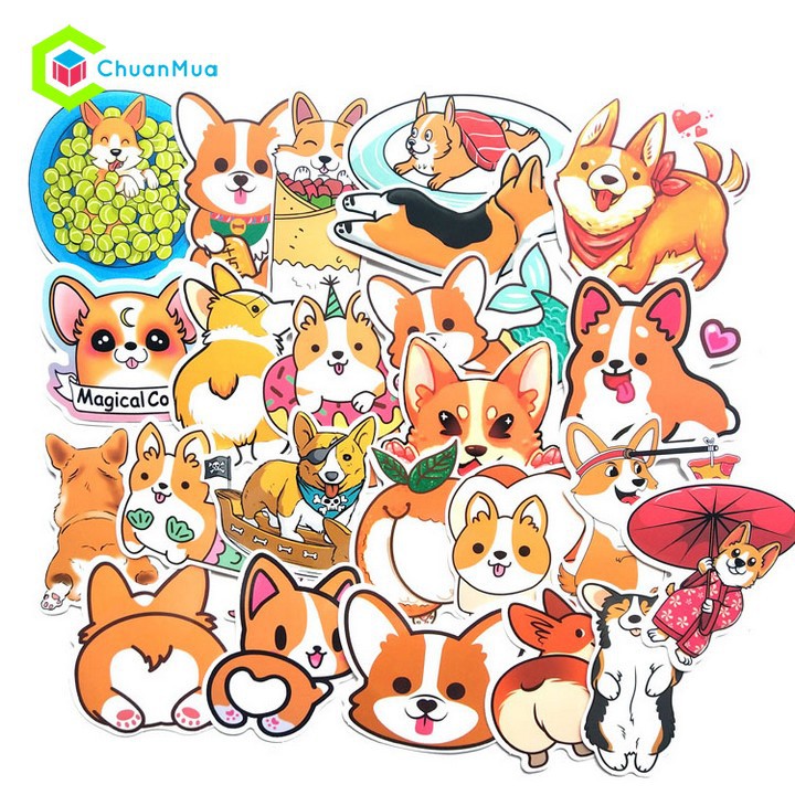 Sticker Cute Hình Dán Husky, Corgi Chống Nước dán nón bảo hiểm, laptop, điện thoại