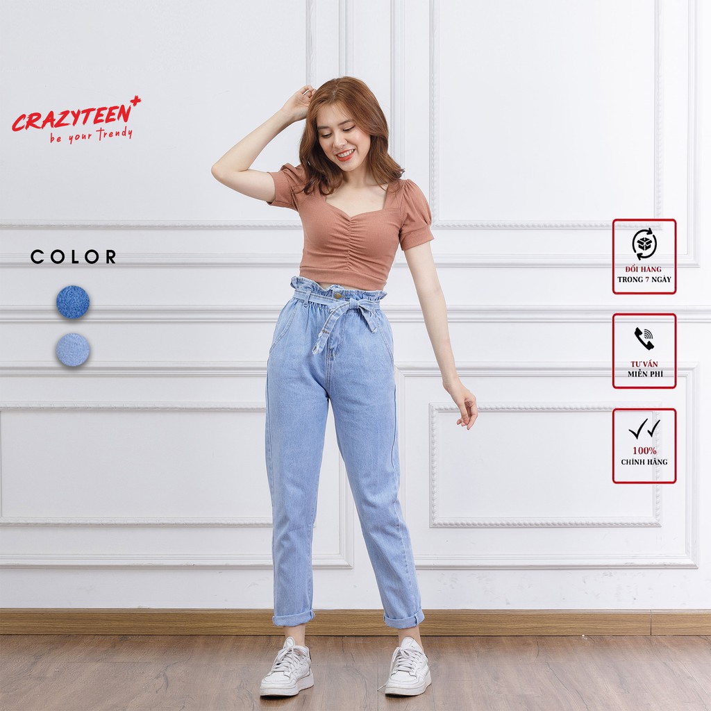 Quần jean nữ CRAZYTEEN dáng baggy lưng bo chun phối nơ trẻ trung K0075