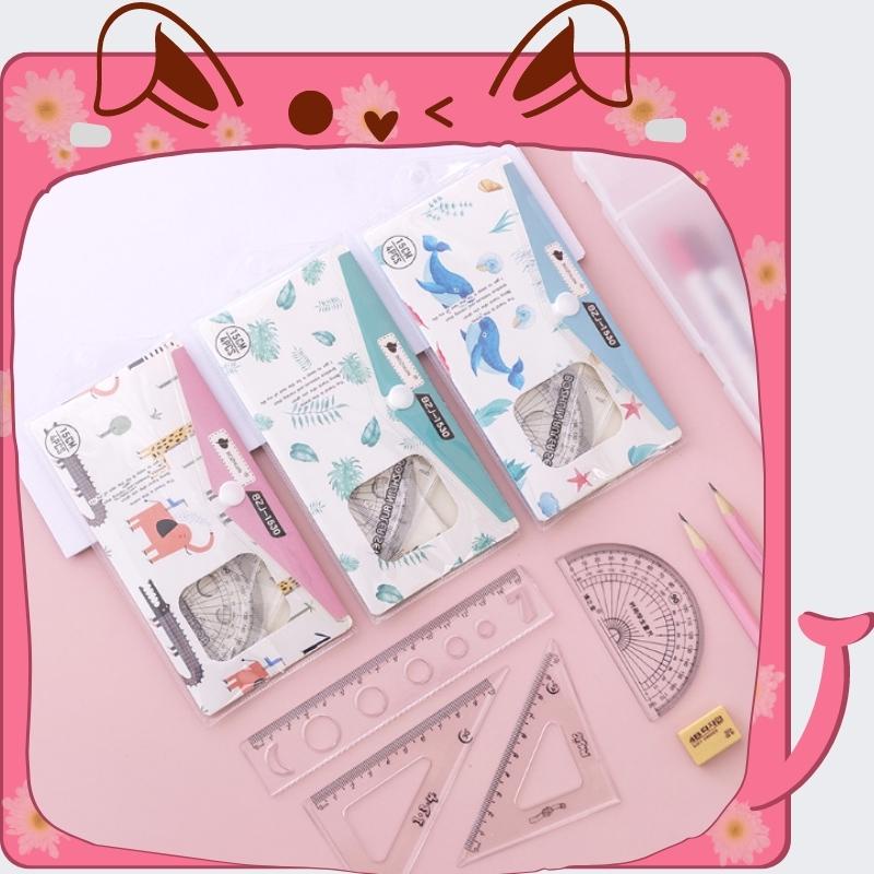 Bộ dụng cụ học tập kèm túi đựng dễ thương. Dụng cụ toán học 4 chi tiết thước kẻ - ê-ke - đo độ