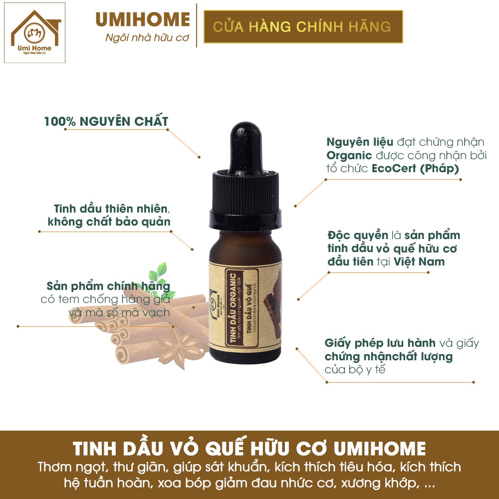 Combo 3 loại Tinh Dầu UMIHOME gồm Bưởi, Vỏ Quế, Hương Thảo (10mlx3) hữu cơ nguyên chất