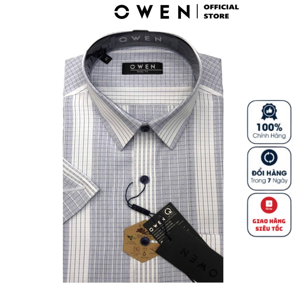 Áo Sơ Mi Nam Ngắn Tay Owen BA20643NT Somi Cộc Tay Công Sở Cao Cấp Màu Trắng Kẻ Sọc Xanh Chất Cafe Dáng Body Fit Tà Bằng