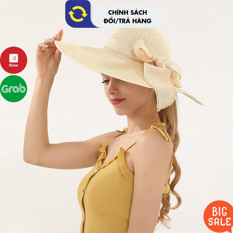 Mũ rộng vành nữ thời trang Hàn Quốc màu Be Nâu - Nón đi biển chất liệu cói đẹp chống nắng phong cách 2022 mới