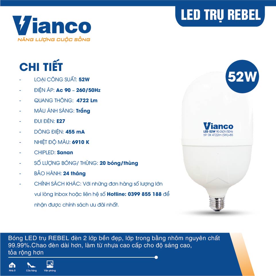 Bóng Led Trụ Rebel VIANCO Thiết Kế Mới Hiện Đại, Công Nghệ Ánh Sáng Thông Minh Bảo Vệ Thị Lực, Công Suất Lớn