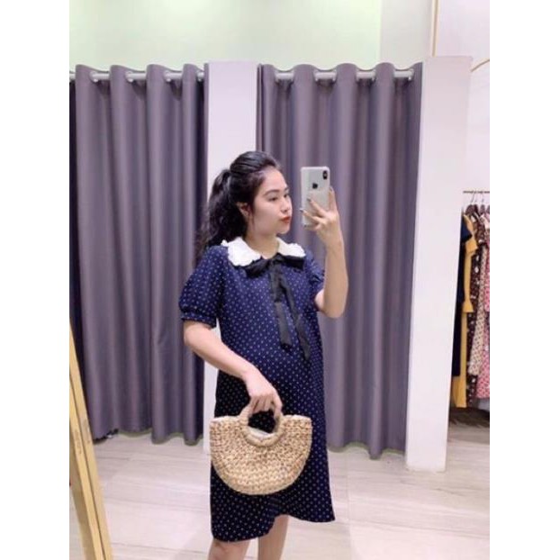 [Xả kho] Váy bầu chấm bi cổ sen cao cấpthiết kế sang chảnhchất liệu lụa chéo thái mát, mềm, mịn