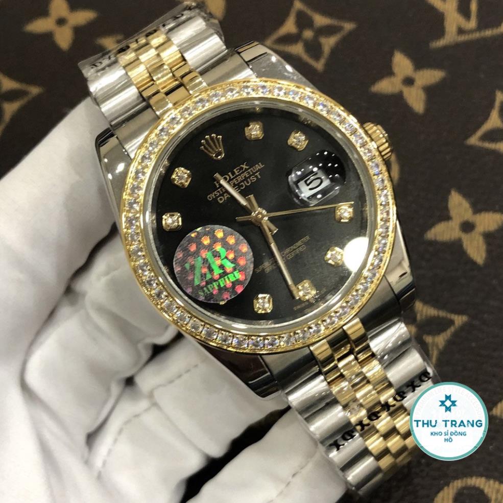 Đồng hồ Nam Rolex máy nhật, mẫu classic, mặt đen viền vàng đính đá dây kim loại, dòng cơ Automatic size 39mm-40mm