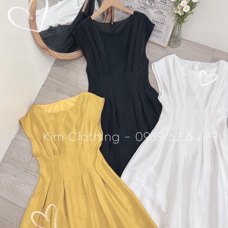 [Hàng sẵn - Hình thật] Đầm midi li eo tay hến tơ lụa nhũ