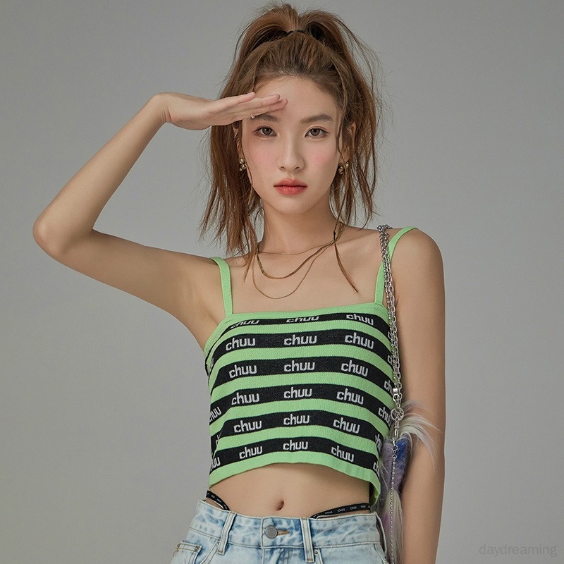 Áo Croptop Dệt Kim Không Tay Dáng Ôm In Chữ Thời Trang Cho Nữ
