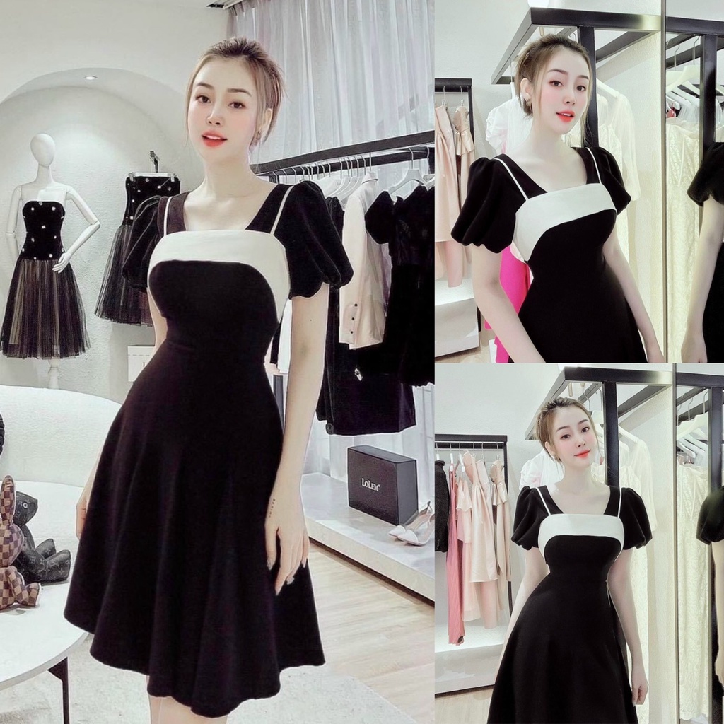 Đầm váy nữ nhung viền trắng 2 dây xinh xắn dành cho các nàng đi dự tiệc sang chảnh, đi làm