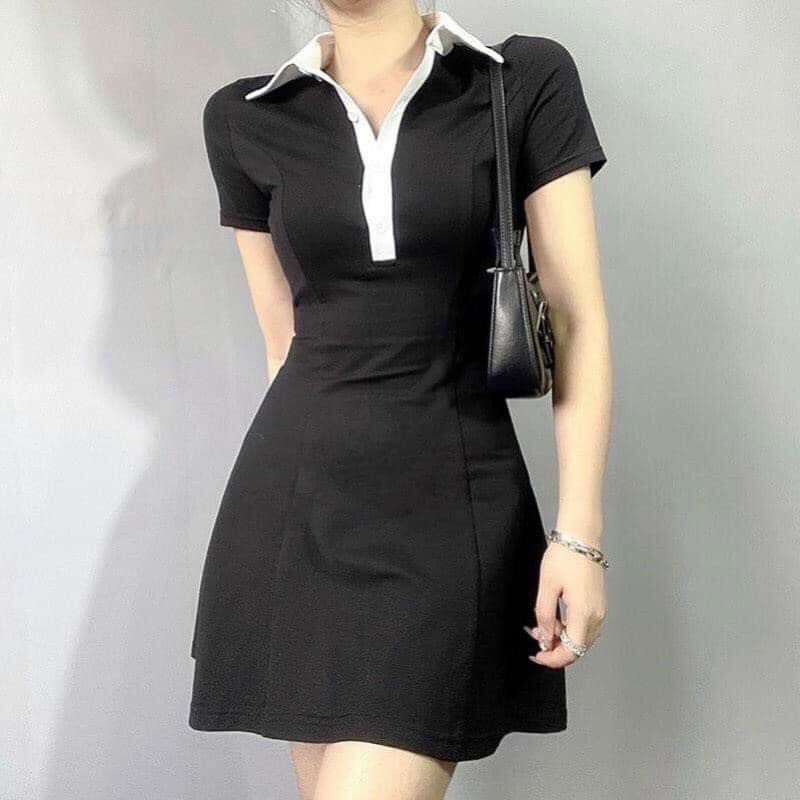 Váy thun polo cổ đức bẻ viền trắng body dáng ôm - Đầm nữ thun tăm cộc tay phong cách retro hàn quốc đẹp ulzzang - ZADOLA