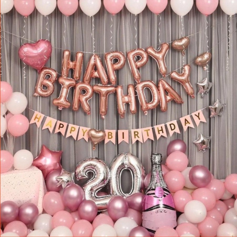 Bóng bóng Happy Birthday Trang Trí Sinh Nhật MS13 Tông Hồng Tặng bơm keo dán
