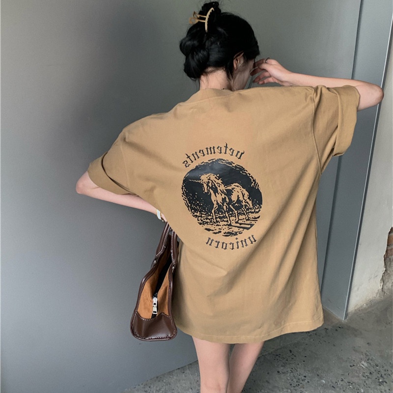 Áo Thun Ngắn Tay Dáng Rộng In Họa Tiết Đơn Giản Cá Tính Cho Nữ Mùa Hè