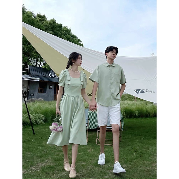 (Nam max 100kg - nữ 60kg) Áo váy đôi nam nữ màu xanh mint nơ vai siêu xinh - Đồ đôi Forever Couple Store