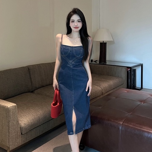 Đầm Denim Hai Dây Dáng Dài Xẻ Tà Màu Xanh Dương Phong Cách Retro Thời Trang Hàn Quốc Quyến Rũ Cho Nữ