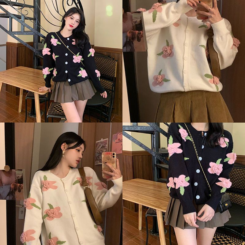 Áo Khoác Cardigan Dệt Kim Họa Tiết Hoa Màu Sắc Tương Phản Cho Nữ  tao bao