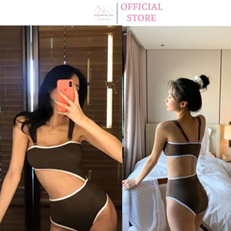 Bikini đi biển liền thân chất thun lạnh màu nâu viền trắng Hot 2022 Xiaomimi SF495