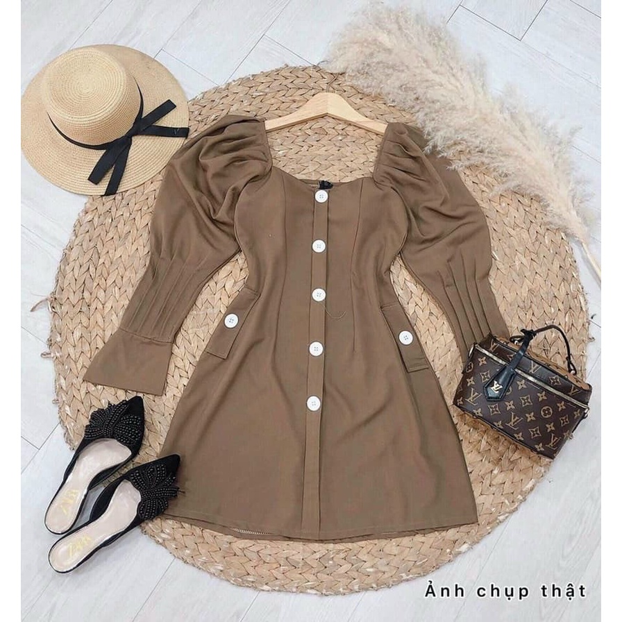 Đầm dự tiệc- Đầm body tay dài bo nút trắng nâu