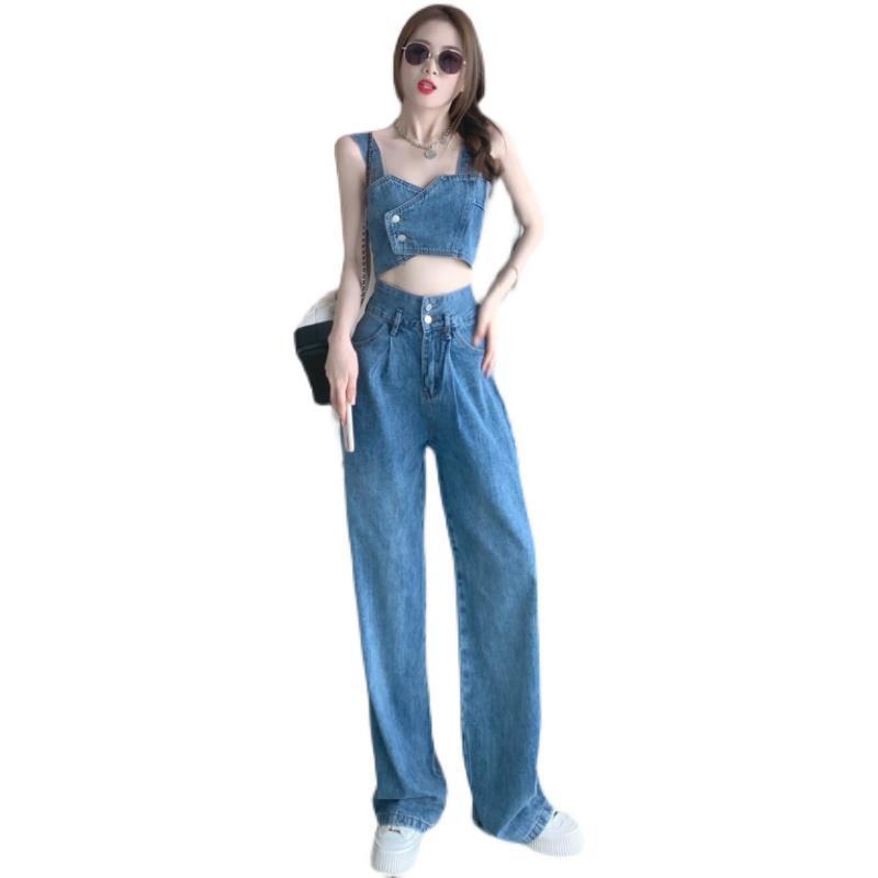 Bộ Áo Croptop Hai Dây + Quần Dài Denim Thời Trang Dành Cho Nữ