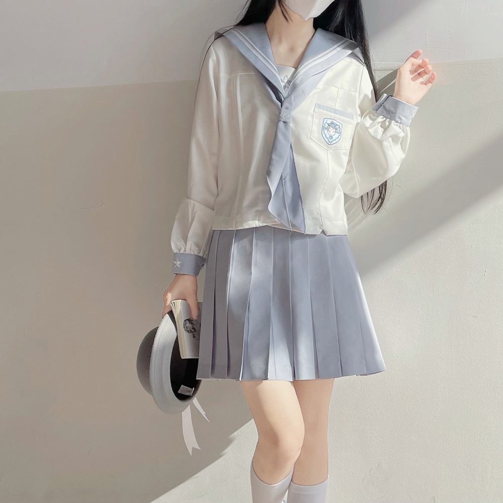 Seifuku/ Set váy đồng phục học sinh Nhật Bản Thanh Thu: áo cổ thủy thủ thêu thỏ + khăn quàng + chân váy xòe