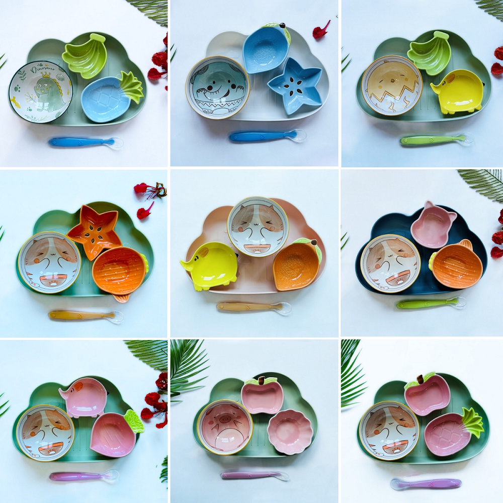 Combo Bát Đĩa Ăn Dặm Chất Liệu Gốm Sứ Kèm Khay Và Thìa Màu Sắc Đáng Yêu Ngộ Nghĩnh YOOTA BABY