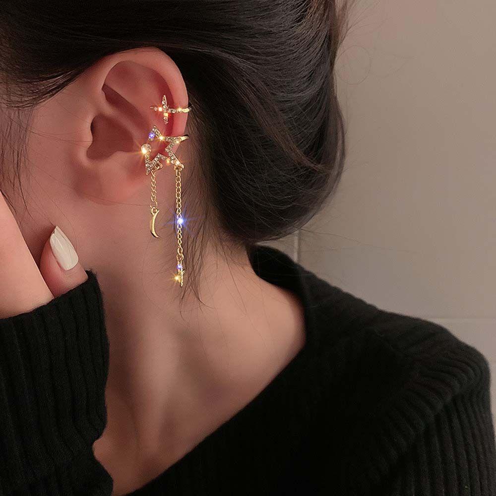 Khuyên Kẹp Vành Tai Hình Mặt Trăng/Ngôi Sao Đính Đá Zircon Dạng Kẹp Không Xỏ|Khuyên Tai Phong Cách Hàn Quốc
