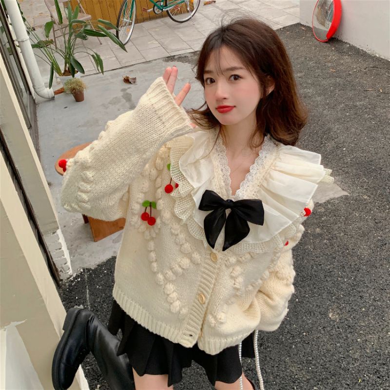 Áo Khoác Cardigan Len Đan Hình Quả Cherry 🍒 Siêu Dễ Thương Phong Cách Hàn Quốc