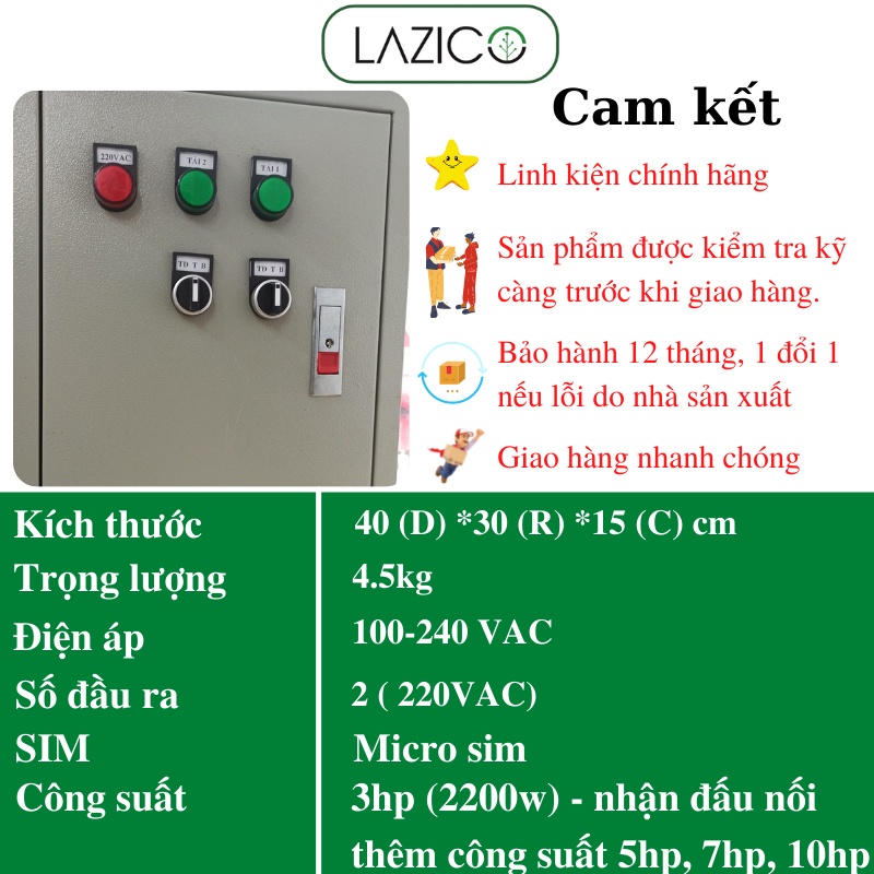 Tủ điều khiển từ xa motor máy bơm 220V 3hp - 10hp 2 kênh qua điện thoại dùng app LAZICO LZ2+