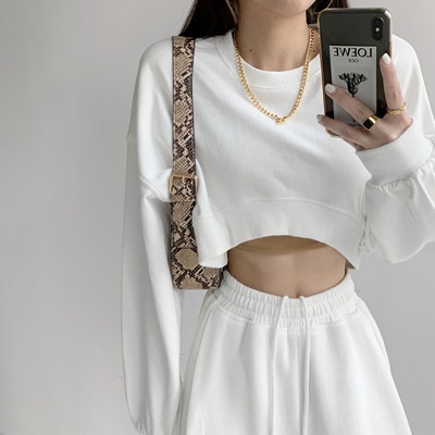 Áo Crop Top Cổ Tròn Thấm Hút Mồ Hôi Phong Cách Hàn Quốc Mới 2022 Hàn Quốc vòng cổ rắn màu ngắn tay áo dài phụ nữ vệ sinh