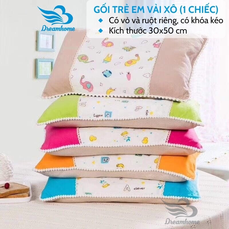 Gối trẻ em vải xô, gối cho bé đi học vỏ 30x50cm 1 cái giao ngẫu nhiên Dreamhome