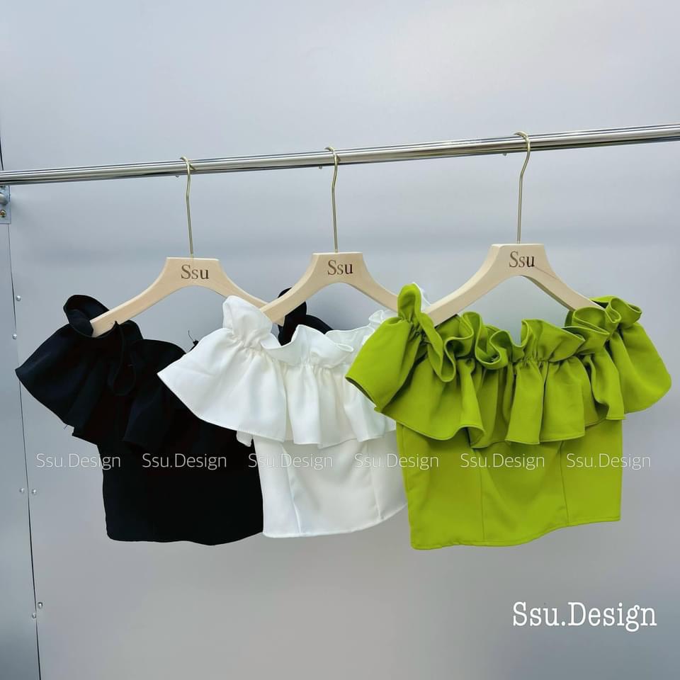 Áo kiểu Bẹt Vai CropTop Bèo Ngực Vải Von Dày Dặn Đẹp