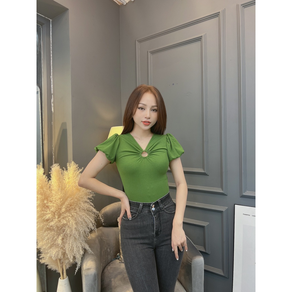 Áo thun nữ CRAZYTEEN tay bí cổ v khoen tròn nhún ngực sang trọng AT0348
